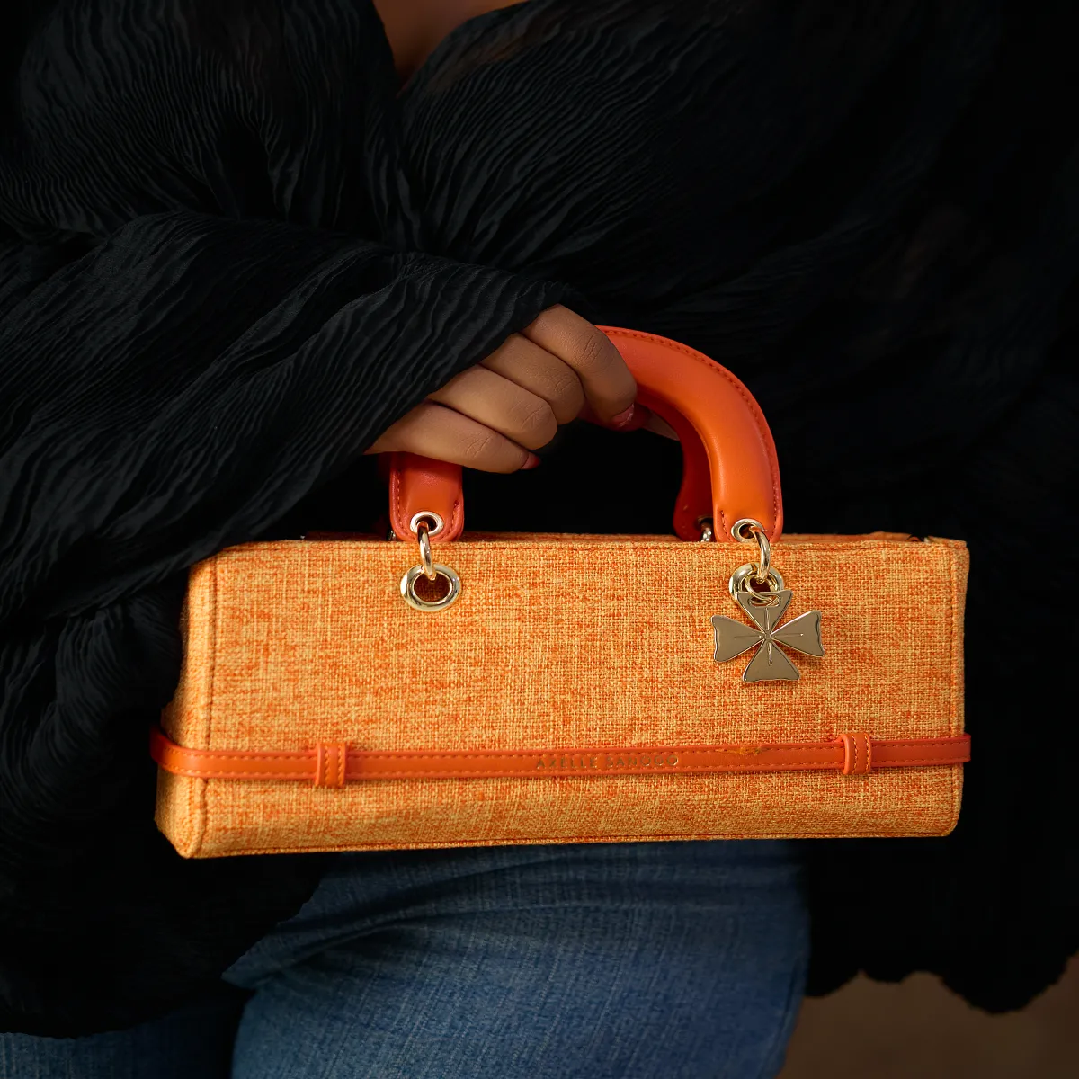 Dounia Orange cuir lisse et toile